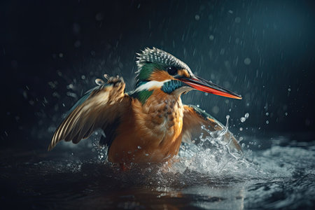 Common Kingfisher flying away after diving for fish. Generative AIの素材