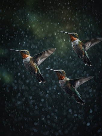 Hummingbird flying in the rain. Black background. Generative AIの素材