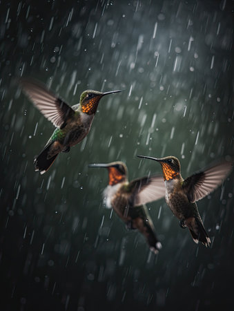 Hummingbird flying in the rain. Black background. Generative AIの素材