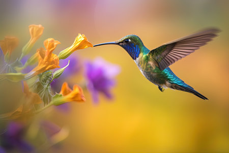 Humming bird hovering over colorful flowers. Generative AI.の素材