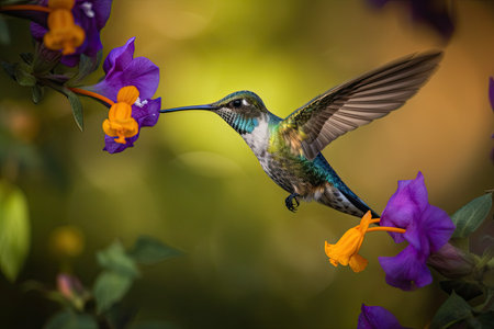 Humming bird hovering over colorful flowers. Generative AI.の素材