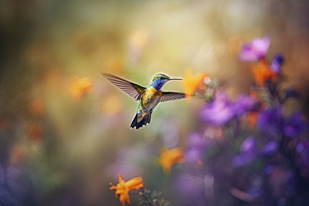 Humming bird hovering over colorful flowers. Generative AI.の素材