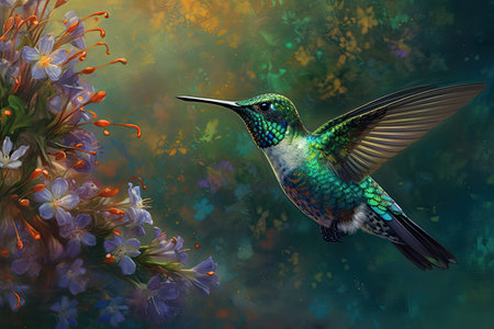 Humming bird hovering over colorful flowers. Generative AI.の素材