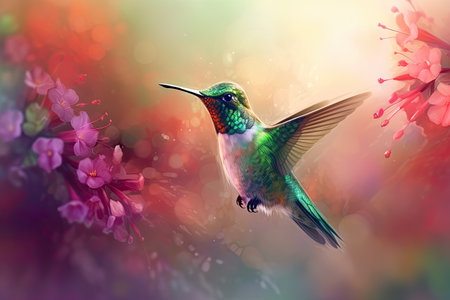 Humming bird hovering over colorful flowers. Generative AI.の素材