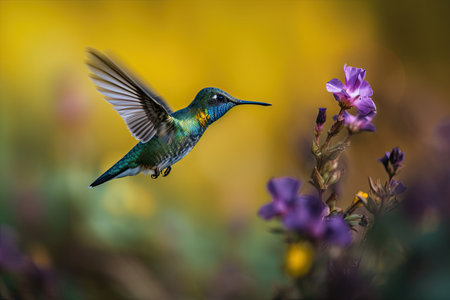 Humming bird hovering over colorful flowers. Generative AI.の素材