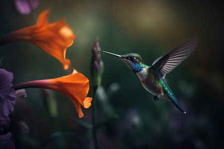 Humming bird hovering over colorful, pollen filled flowers. Generative AIの素材