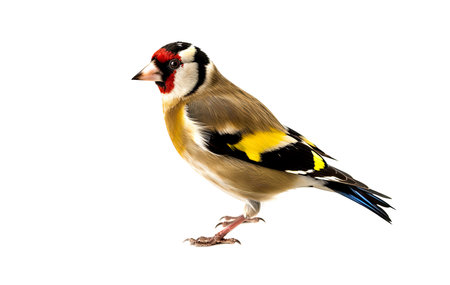 Colored small goldfinch on white background. Generative AIの素材