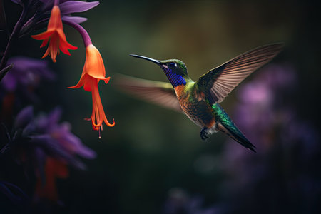 Humming bird hovering over colorful, pollen filled flowers. Generative AIの素材
