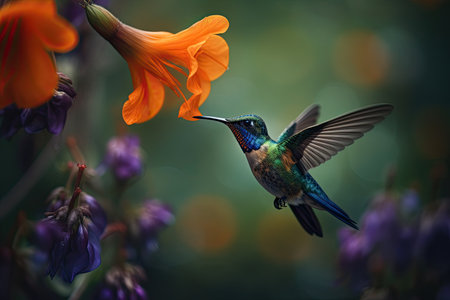 Humming bird hovering over colorful, pollen filled flowers. Generative AIの素材