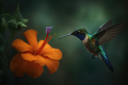 Humming bird hovering over colorful, pollen filled flowers. Generative AIの素材