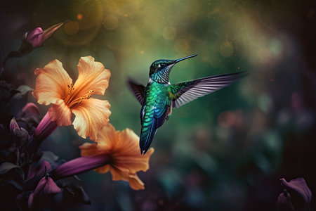 Humming bird hovering over colorful flowers. Generative AI.の素材