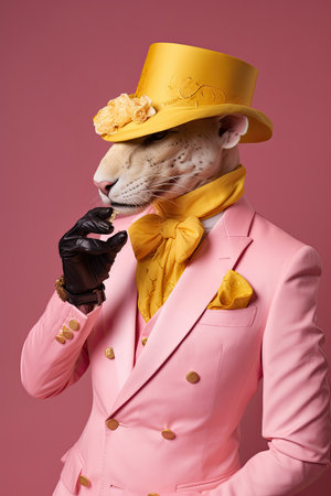 Elegant panter wearing colorful clothes on a pink background. Generative AIの素材