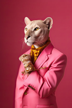 Elegant panter wearing colorful clothes on a pink background. Generative AIの素材
