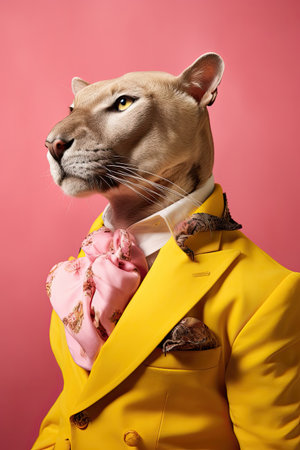 Elegant panter wearing colorful clothes on a pink background. Generative AIの素材