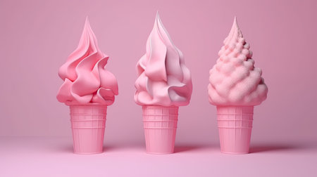Photorealistic surrealism style ice cream cones displayed on a pastel color backdrop, creating an artistic composition by generative AIの素材
