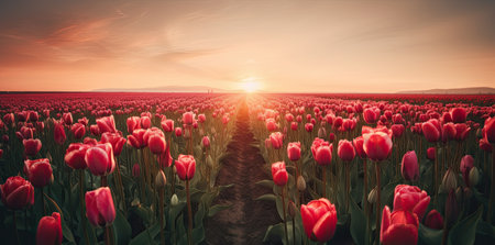Tulip flower field on amazing sunset landscape. Generative AIの素材