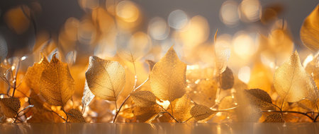 Golden autumn leaves. Thanksgiving backdrop with blurred bokeh foliage. Generative AIの素材