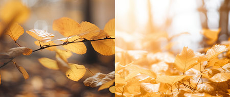 Golden autumn leaves. Thanksgiving backdrop with blurred bokeh foliage. Generative AIの素材