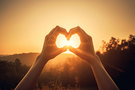 Silhouette Hands in shape of love heart at sunset. Generative AIの素材