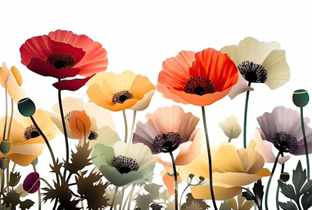 Beautiful floral botanical pattern with poppy flowers on white background. Spring concept. Generative AIの素材