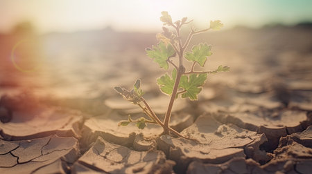 Desert plant thrives on parched, fractured terrain, sweltering day, impacted by climate shift. Generative AIの素材