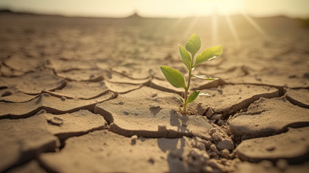 Desert plant thrives on parched, fractured terrain, sweltering day, impacted by climate shift. Generative AIの素材