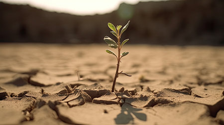 Desert plant thrives on parched, fractured terrain, sweltering day, impacted by climate shift. Generative AIの素材