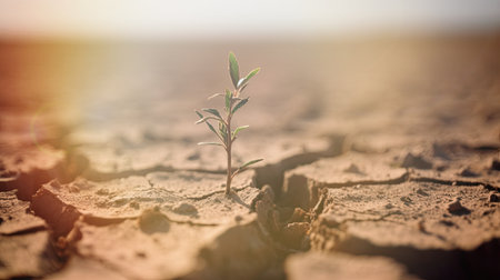 Desert plant thrives on parched, fractured terrain, sweltering day, impacted by climate shift. Generative AIの素材