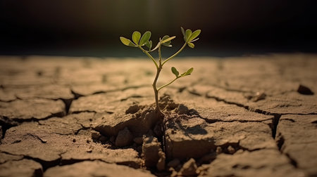 Desert plant thrives on parched, fractured terrain, sweltering day, impacted by climate shift. Generative AIの素材