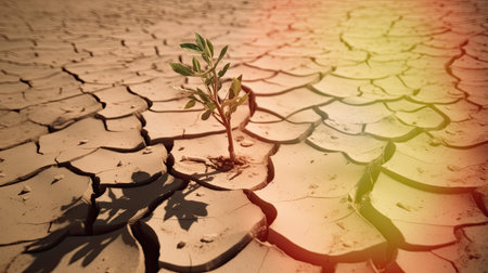Desert plant thrives on parched, fractured terrain, sweltering day, impacted by climate shift. Generative AIの素材