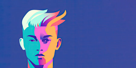 Profile illustration of a modern hipster, punk guy with a vivid color hairstyle. Illustration. Generative AI.の素材