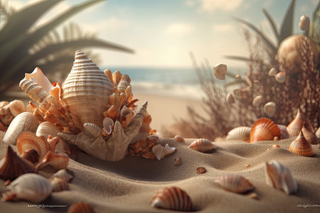 Beautifull different shells on the sand beach. Generative AIの素材