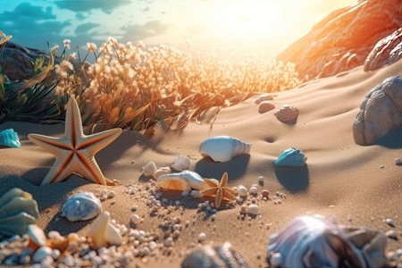 Beautifull different shells on the sand beach. Generative AIの素材