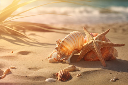 Beautifull different shells on the sand beach. Generative AIの素材