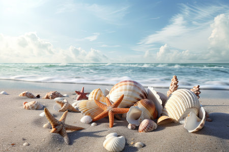 Beautifull different shells on the sand beach. Generative AIの素材