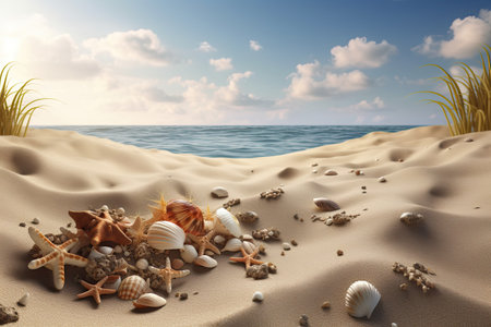 Beautifull different shells on the sand beach. Generative AIの素材