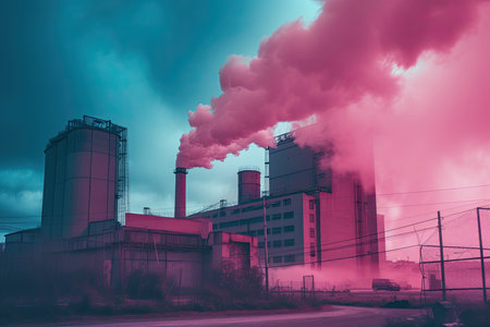 Colorful pollution from manufacturing plants. Generative AIの素材