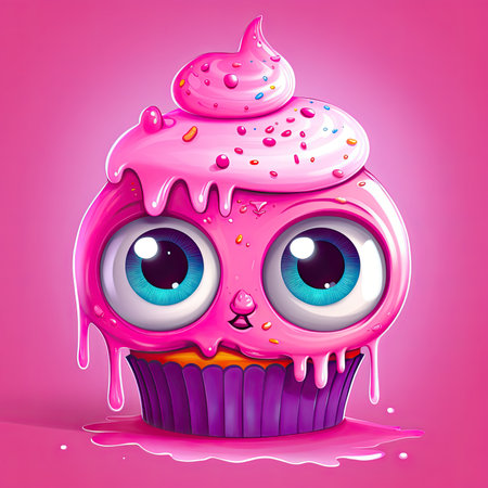 Delicious pink cupcake on colorful background. Generative AIの素材