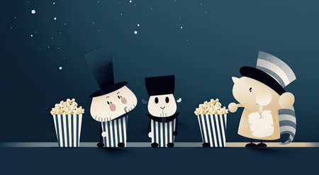 Character with big box of popcorns on a blue background. Generative AIの素材