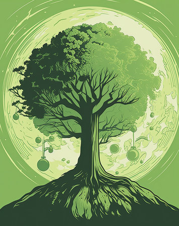 Tree with green leaves in a circle shape on a light background. Generative AIの素材
