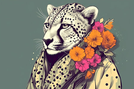 Elegant cheetah wearing scarf with flowers on colored background. Generative AIの素材