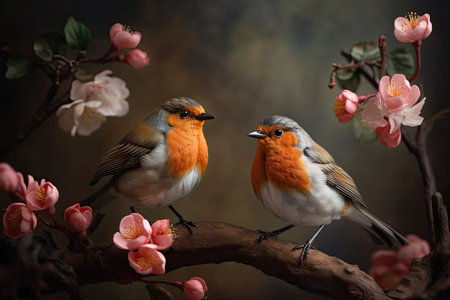 Couple of romantic budgies birds on branch. Love concept. Generative AIの素材