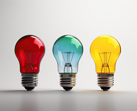 Colored light bulbs. Bright ideas concept. Generative AIの素材