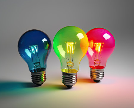 Colored light bulbs. Bright ideas concept. Generative AIの素材