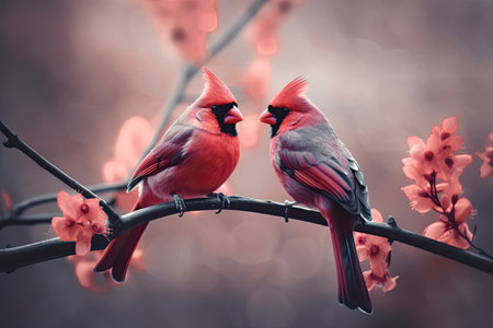 Couple of romantic budgies birds on branch. Love concept. Generative AIの素材