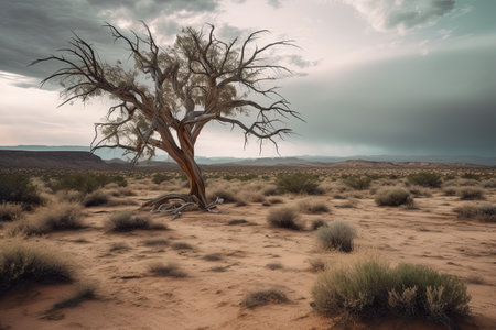 Gradually withering, expansive single tree grappling with harsh arid environment by generative AIの素材