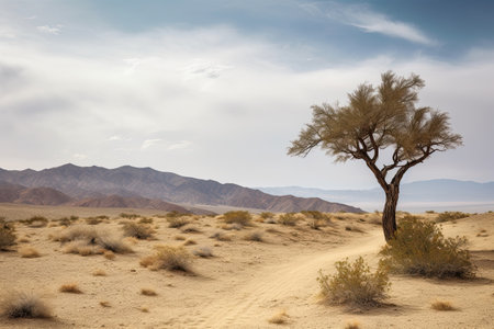 Gradually withering, expansive single tree grappling with harsh arid environment by generative AIの素材