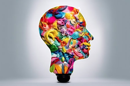 Colorful profile of a head illuminated as a light bulb, a symbol of mental activity, intelligence, creativity. Generative AIの素材