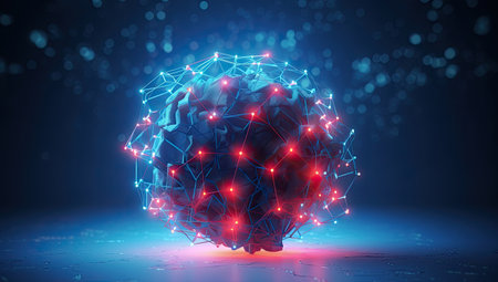 a blue brain surrounded by dots and connections, in the style of luminous atmosphere, light black and sky-blue by generative AIの素材