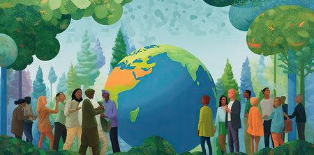group of people holding earth, in the style of environmentally inspired, flat, vibrant airy scenes, human-canvas integration by generative AIの素材